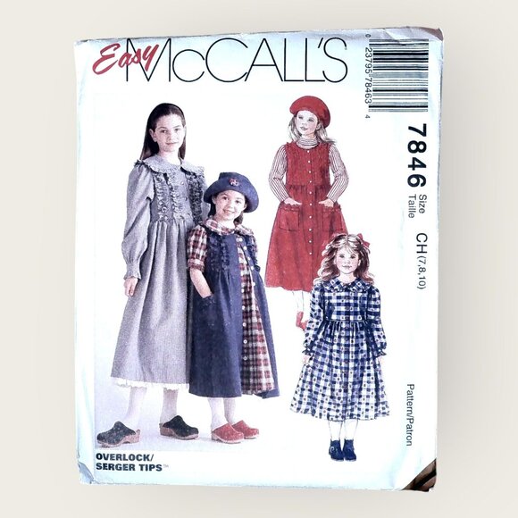 Vintage 1990s McCalls Sewing Pattern 7846 Girls Dress Jumper Size 7-10 Uncut - Picture 1 of 2